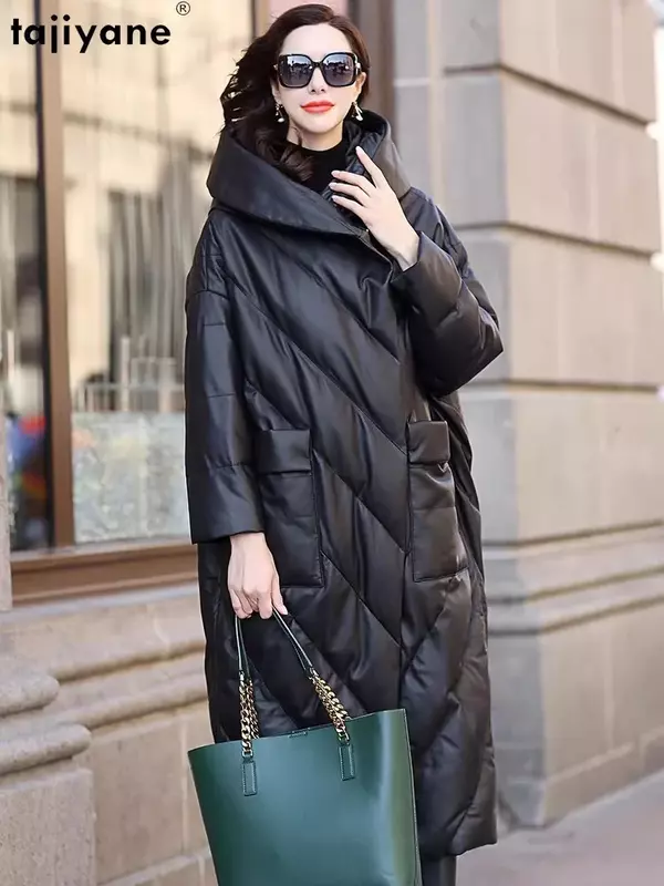 Tajiyane 90% 화이트 덕 다운 코트 여성용, 2023 후드 정품 양가죽 재킷, 루즈 롱 파카