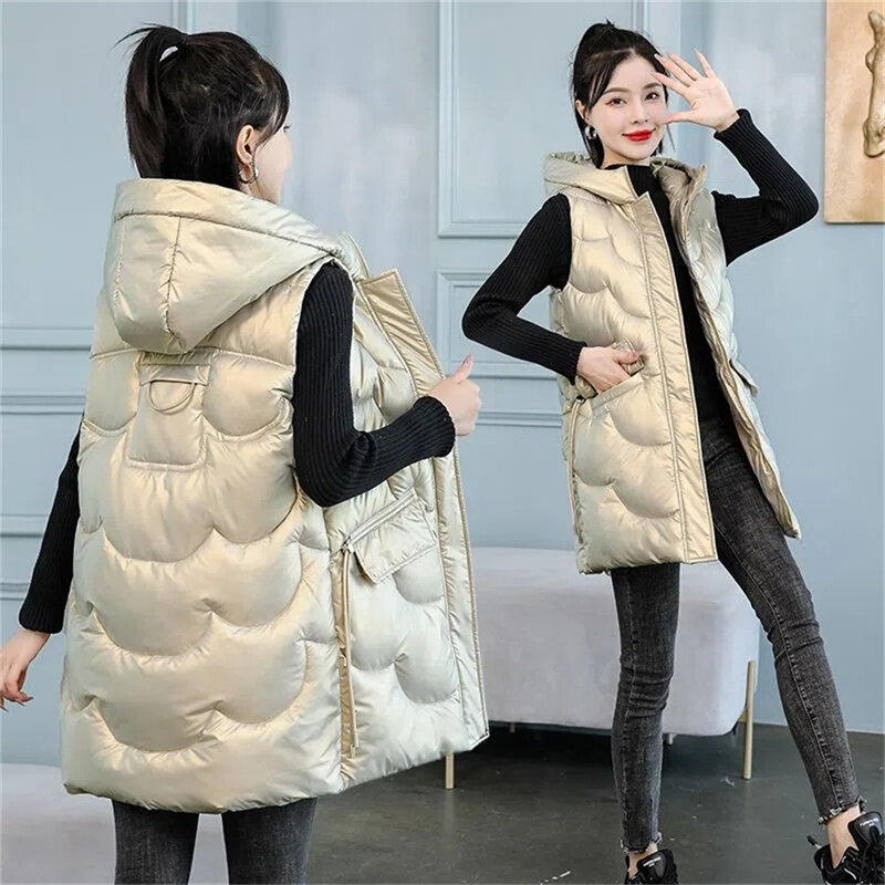 다운 코튼 조끼 여성용 중간 길이 후드 조끼, 밝은 표면 워시 프리 아웃웨어 조끼 재킷, 2022 가을 겨울 신상품