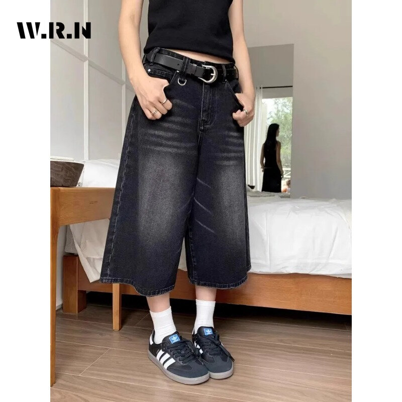 Pantalones cortos de mezclilla para mujer, Shorts Vintage e informales de pierna ancha, estilo años 2000, Retro, de cintura alta