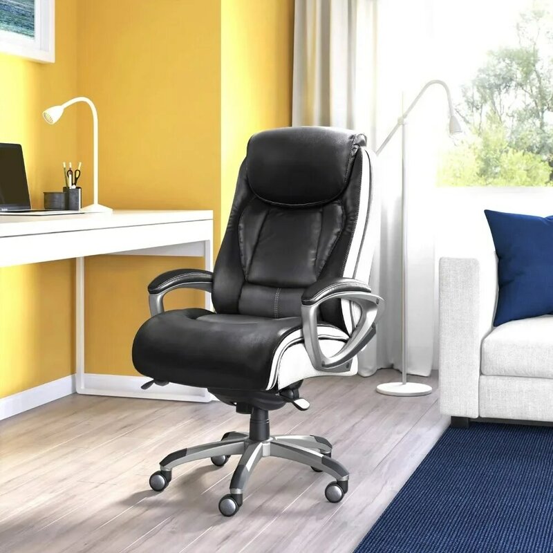 사무실 의자, 인체공학적 컴퓨터 의자, 가죽 및 메쉬 제작, 윤곽 허리 및 컴포트 코일 장착, 블랙 및 화이트