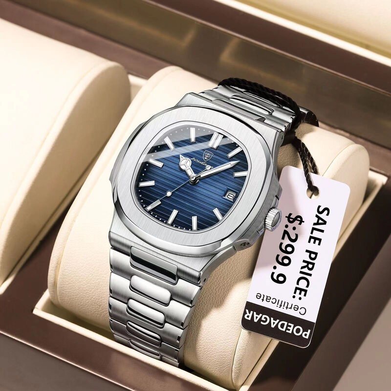 2023 Nieuwe Poedagar Luxe Horloge Bedrijf Waterdichte Mannelijke Klok Lichtgevende Datum Roestvrij Stalen Vierkante Quartz Mannen Horloge Reloj Hombre