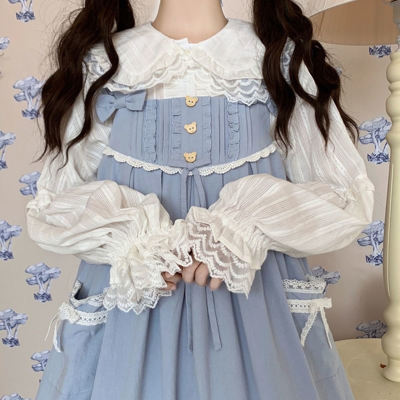 QWEEK Nhật Bản Mềm Lolita Phong Cách Áo Kiểu Dễ Thương Cổ Peter Pan Ren Xù Dài JK Áo Sơ Mi Nữ Kawaii Blusas Mujer sang Trọng