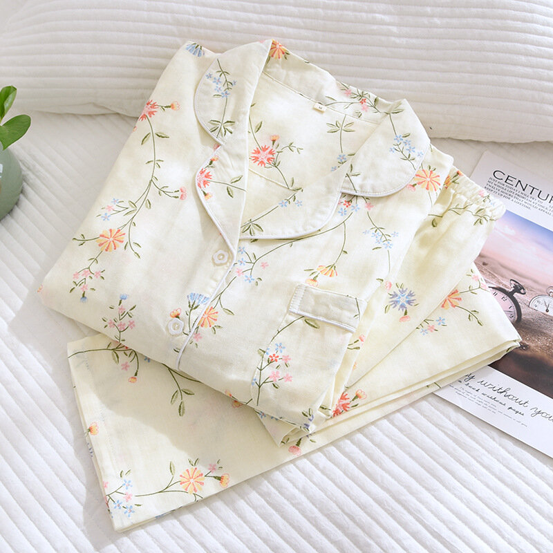 Conjunto de pijama manga comprida feminino, terno de gaze floral, crepe fino para casa, conjunto de calças, moda coreana, primavera verão