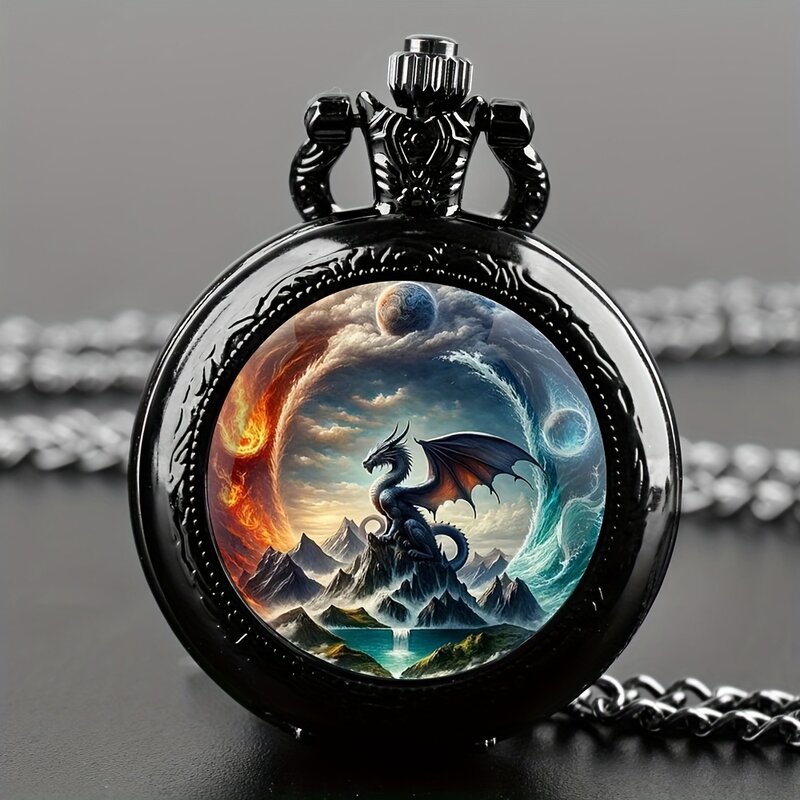 Relógio de bolso retro quartzo dragão, Relógio pingente exclusivo com corrente, colar preto legal, 1pc