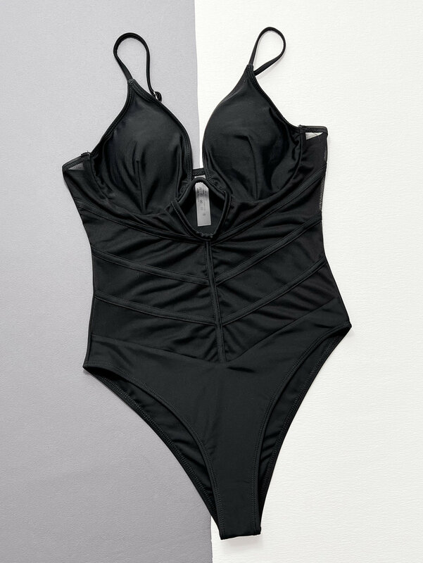 Sexy Black Mesh See-through Swimsuit, maiô de uma peça, biquínis ocos, swimwear, roupas de praia, bodysuit, tankini