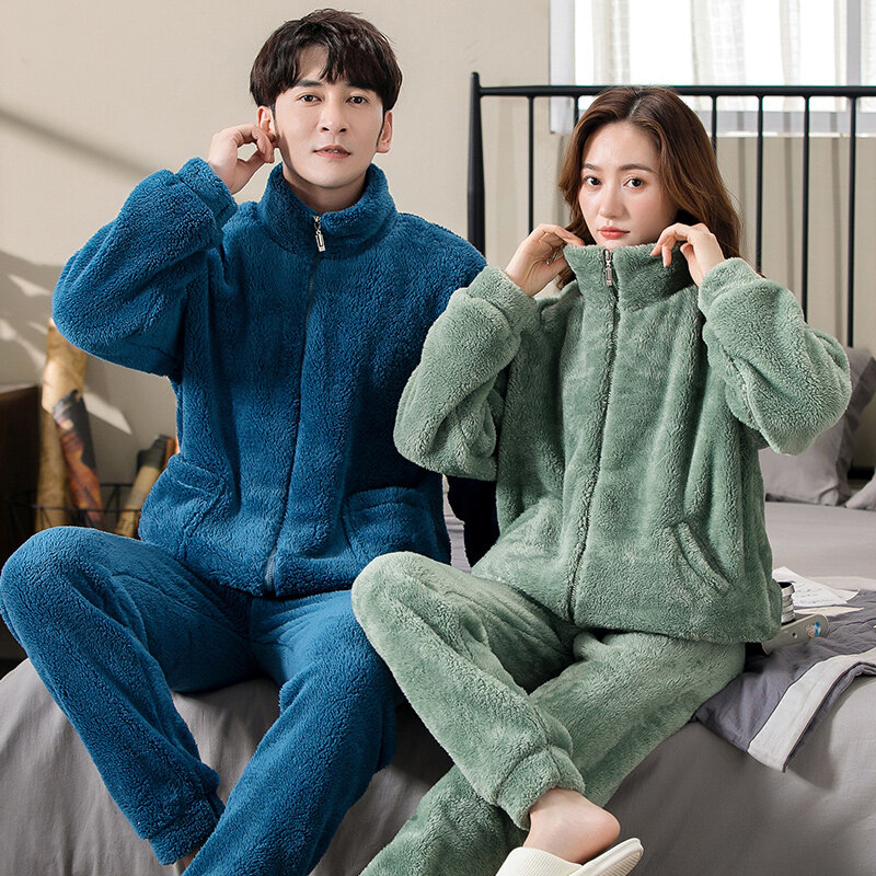 Lovers Winter Suits Zipper Cardigan Couple Flannel Pyjamas Male Pajamas Coral Fleece Long Sleeve Pijamas Ladies Casual Sleepwear