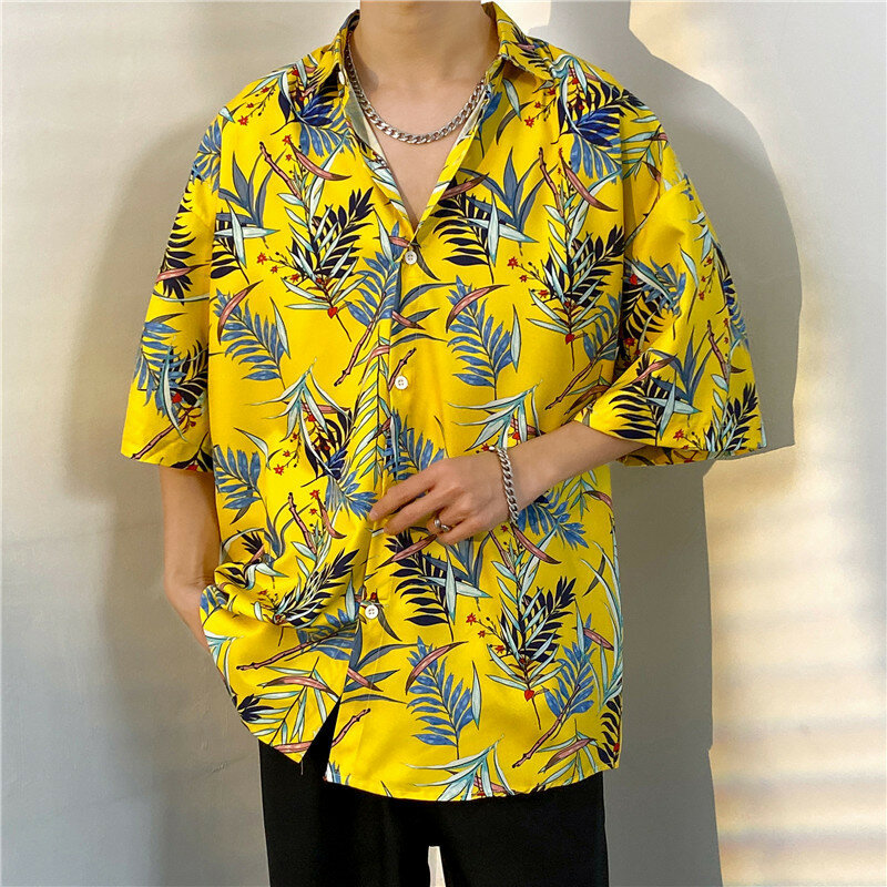 قميص رجالي بأكمام قصيرة وردية من هاواي ، بلوزة كاجوال وسيم ، نصف كم فضفاض ، قميص مطبوع على الشاطئ ، موضة ، صيف