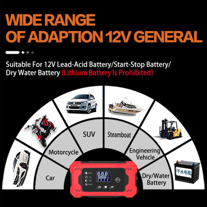 Cargador de batería de coche 12V 6A carga rápida inteligente tipo Reparación de pulso parada automática completa modo Dual plomo ácido para motocicleta y camión