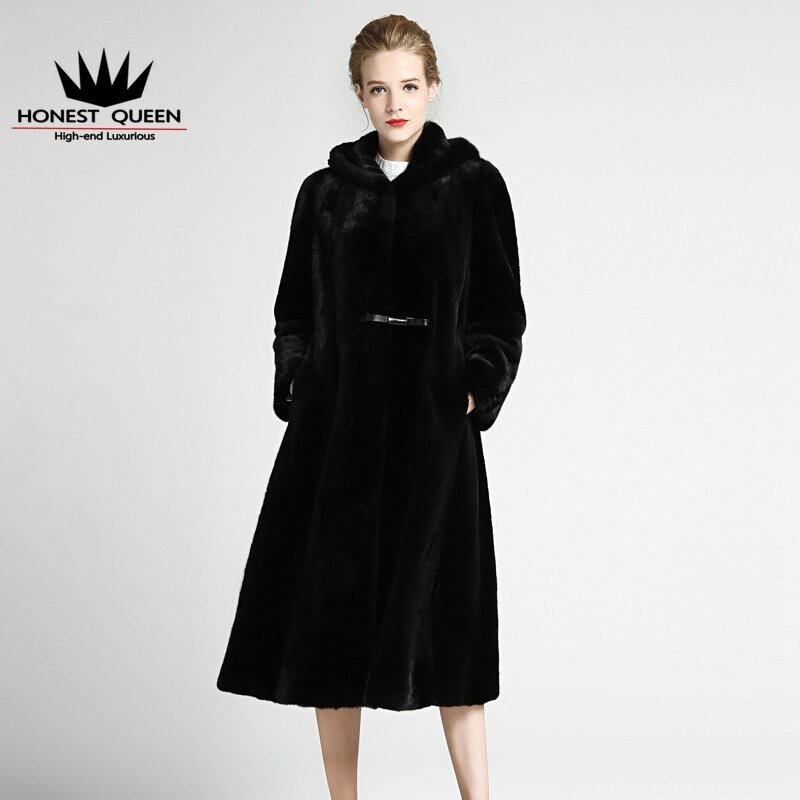 Abrigos de piel Natural para mujer, abrigo largo de piel de visón real, abrigo grueso y cálido con capucha y cuello a la moda