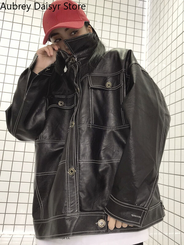 Korean Black Leather Jacket Women Streetwear Harajuku Loose Moto Jacket Women Vintage High Street Punk Outerwear Biker Coat 2022