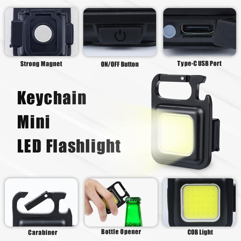 Mini linterna LED multifunción para llavero, recargable por USB Luz de trabajo de bolsillo, portátil, para acampar al aire libre, pesca, escalada