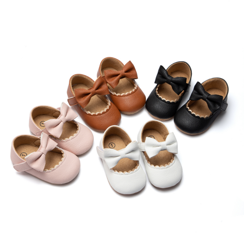 Обувь из ПУ кожи для новорожденных девочек, нескользящая обувь на резиновой подошве, с бантом-бабочкой, для начинающих ходить в кроватку, обувь для малышей