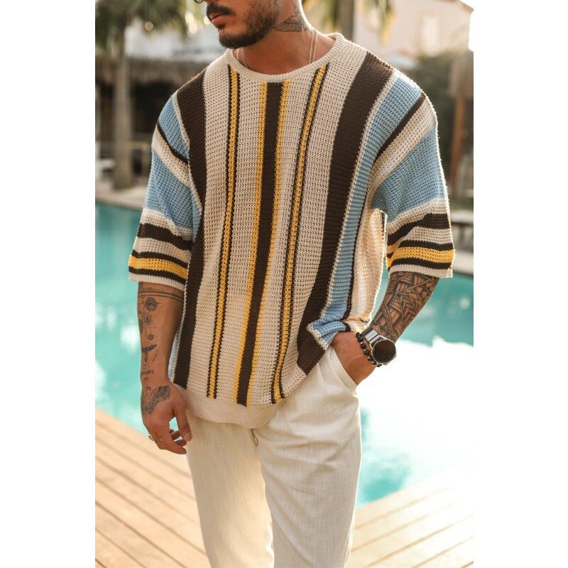 Suéter a rayas de manga larga para hombre, Jersey de punto informal, suelto, Vintage, elegante, a la moda, Otoño, Verano