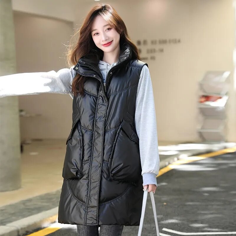 2024 New Autumn Winter Vest Jackets Women's Korean Bright Long Parkas Waistcoats Down Cotton Vest Coats Sleeveless Tank Tops 64