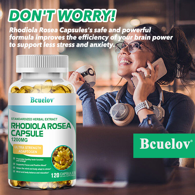 Rhodiola Rosea kapsul anti-stres, dukungan vitamin suplemen diet tenang stres membantu fokus dan relaksasi energik