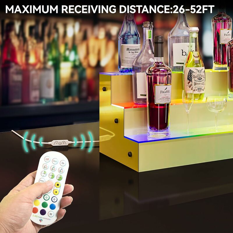 Estante de exhibición de botellas de licor LED, estantes de barra de 3 niveles, estante de almacenamiento acrílico colorido, Control remoto RF y aplicación, 30"