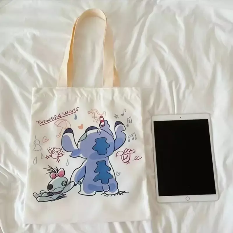 Tas pundak perempuan, tas Tote Disney pola Stitch, tas kanvas pelajar, tas penyimpanan portabel kapasitas besar, tas belanja wanita