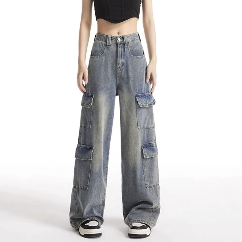 Dżinsy Cargo z szerokimi nogawkami z wysokim stanem dla kobiet w stylu Vintage moda Streetwear Jeans amerykańskie spodnie jeansowe