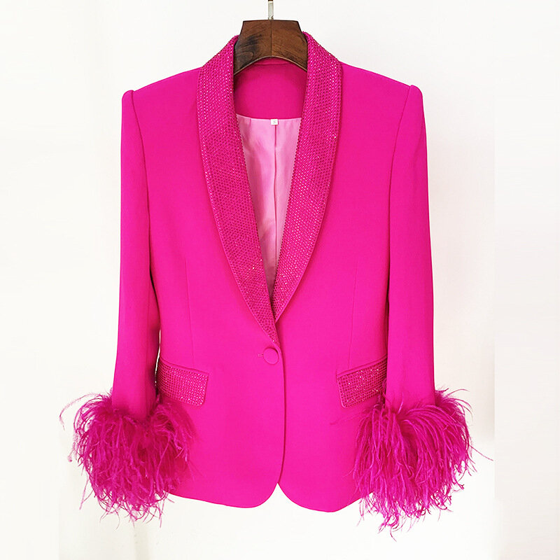 Barbiecore Pink Women Suit Set Luxury Feather Crystal Blazer Pants Elegant Female Business Work Wear Office Lady Jacket Coat