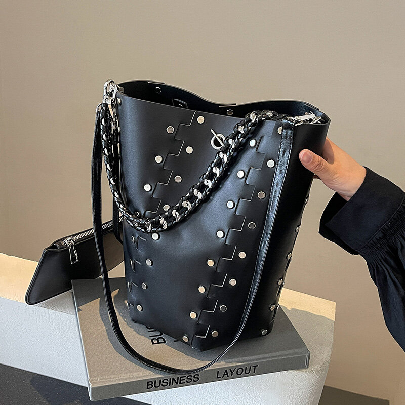 Черная кожаная сумка-мессенджер, 2 шт./комплект, 2024, модная сумка-ведро через плечо и кошелек, винтажная сумка через плечо с заклепками, мотоциклетная сумка