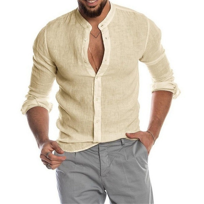Camisa de botão de algodão monocromática masculina, pulôver casual, top diário confortável, manga longa, linho, moda