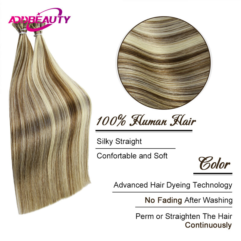 Extension de cheveux naturels lisses, lot de 50 pièces, mèches de kératine à bout plat, couleur Blond ombré, 0.8g/ 1g/brin