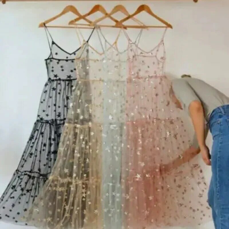 Женское кружевное Сетчатое прозрачное длинное платье на бретелях-спагетти
