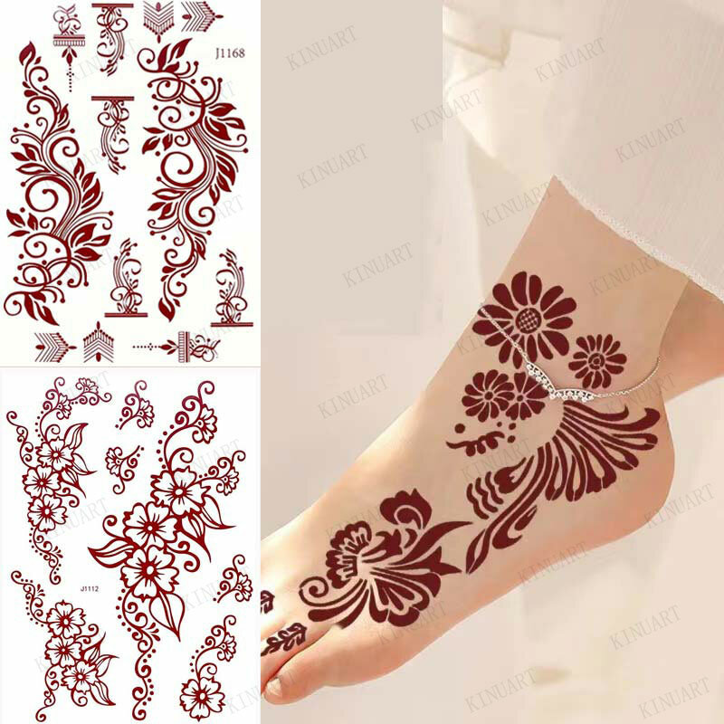 Tatuajes Temporales impermeables para mujeres, pegatinas de tatuaje de Henna, diseño de Mehndi, tatuaje falso para mano, pierna, manga, arte corporal, tatuaje de Hena