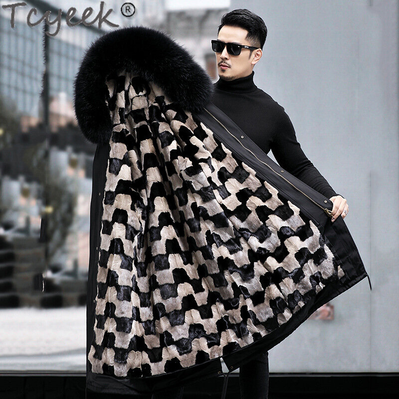 Tcyek 남성용 진짜 밍크 모피 파카 겨울 재킷, 따뜻한 모피 재킷 코트, 여우 모피 칼라 분리형 의류 패션
