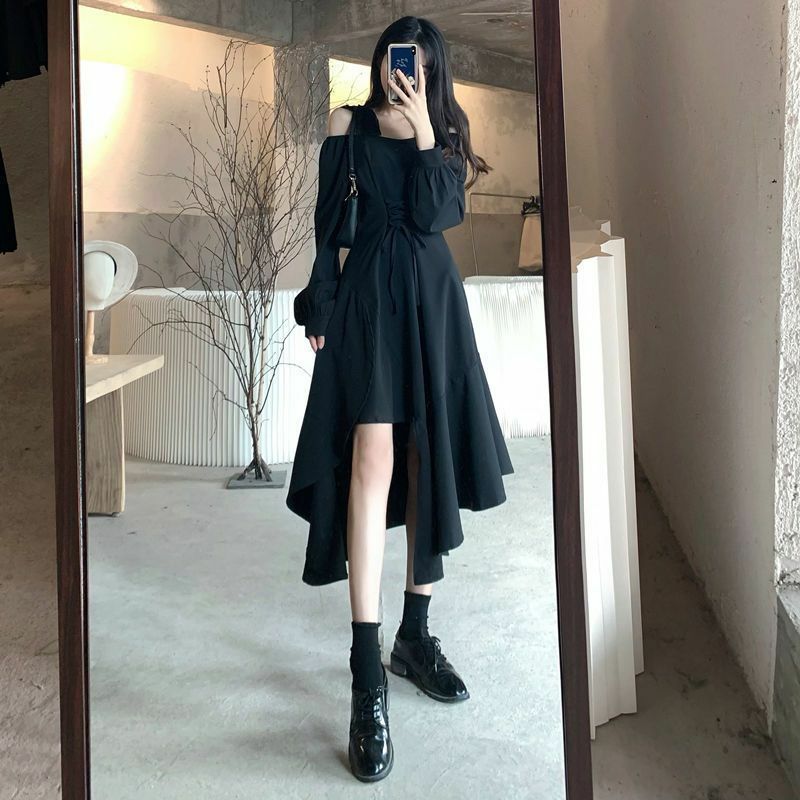 Dresses Women Retro Holiday Black Trendy Irregular All-match Solid Vestidos Autumn Bandage Design Casual Tunic Ins French Style
