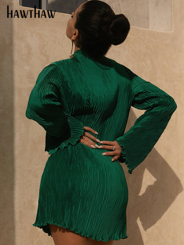 Hawthaw-minivestido verde de manga larga para mujer, ropa de calle elegante, Bodycon, artículos de negocios al por mayor, Otoño, 2022