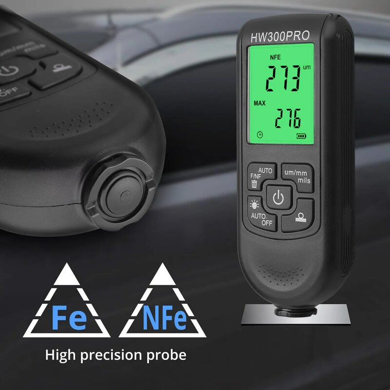 Medidor de espesor de pintura para coche, HW-300 con sonda Fe y NFe, medidor de espesor de revestimiento Digital para 2000um, identifica automáticamente el sustrato