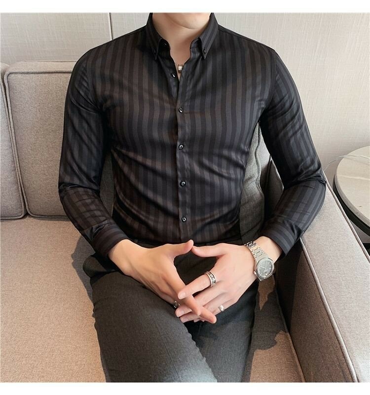 メンズ韓国長袖ビジネスシャツ、通気性ラペルポロシャツ、カジュアルシャツ、夏
