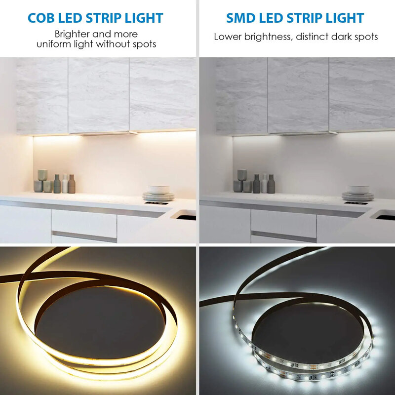 COB แถบไฟ LED Light DC12/24V ความหนาแน่นสูง Linear แสง360Leds 8มม.ธรรมชาติที่อบอุ่นสีขาวเทปยืดหยุ่นสำหรับห้องนั่งเล่นห้องครัว