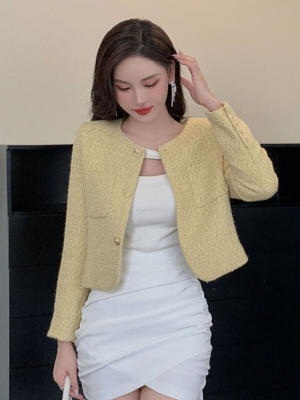 Veste en tweed court haut de gamme pour femme, manteau en laine, vêtements à boutonnage simple, mode coréenne, luxe, petit parfum, printemps, automne