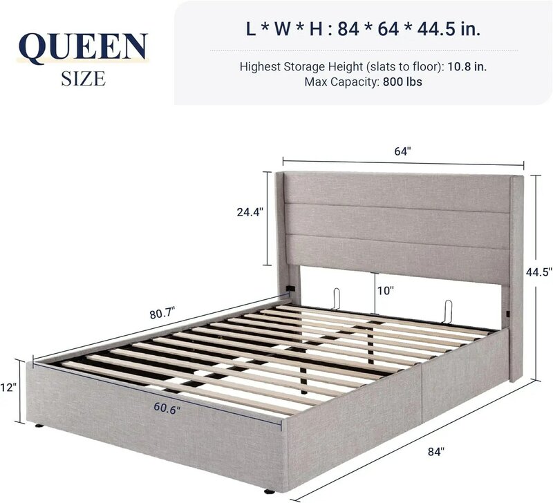 Queen Size Lift Up Storage Bed, Modern Wingback Headboard, No Box Spring Needed, Hydraulic Storage, Light Beige