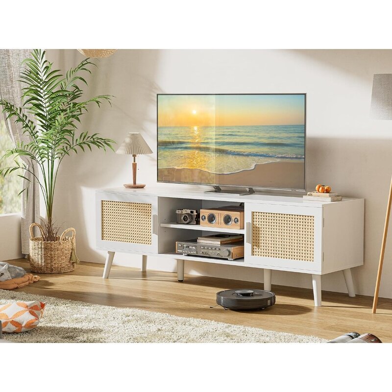 Per soggiorno porta Tv piedini in legno massello mobili Console TV in Rattan con 2 armadi centro di intrattenimento con ripiano regolabile