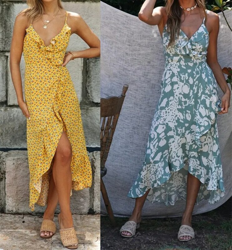 Sexy Slip Holiday Floral Printing Women's Dress Summer Ruffle Sleeveless V-neck Irregular Beach Style Split Mid Length Skirt