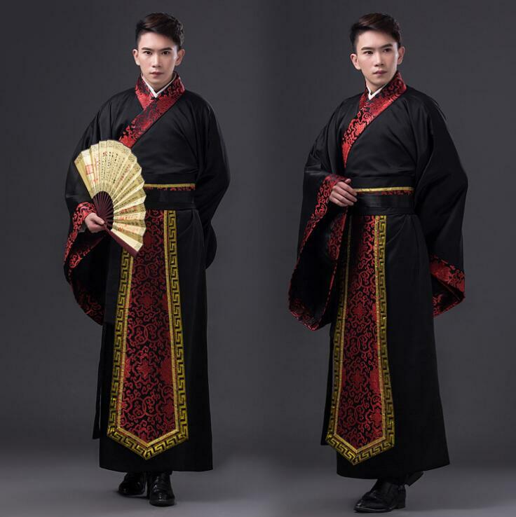 Traje de actuación de escenario de baile chino antiguo para hombres, traje de dinastía Hanfu Tang, bata de satén, vestido tradicional chino