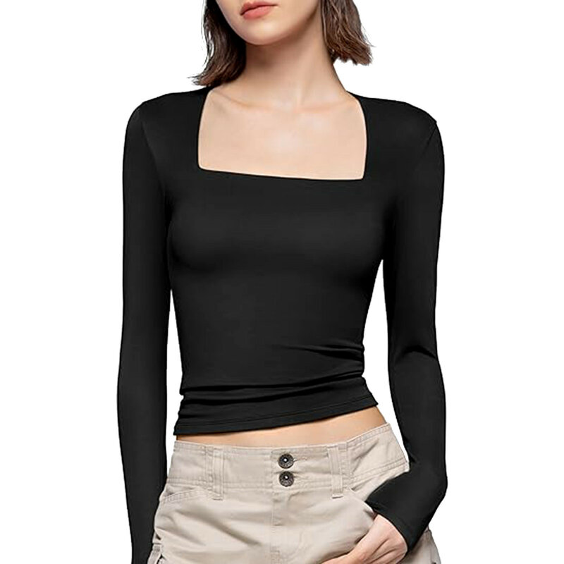 Camicia da donna Casual semplice tinta unita con collo quadrato a maniche lunghe aderente