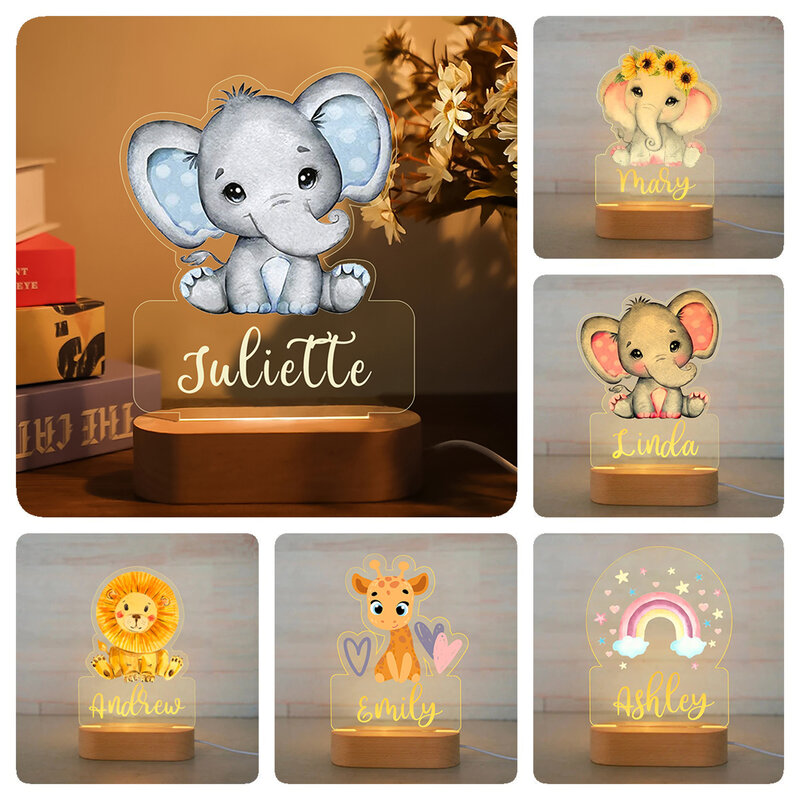 Luz de noche de animales personalizada para niños, lámpara acrílica con nombre personalizado para bebé, dormitorio de niños, decoración del hogar, regalo de cumpleaños para recién nacidos