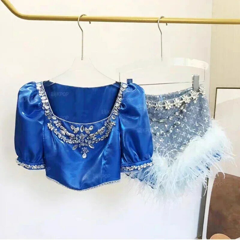 Koreańska piosenkarka kostium sceniczny piosenkarki stroje Kpop kryształowe niebieskie Bubble rękawy topy spódnica z piór kobiety Dj ubrania Jazz