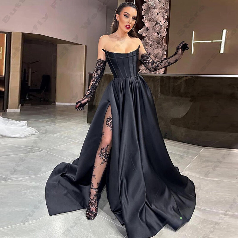 Gaun malam wanita cantik hitam gaun Prom putri belahan samping seksi Satin A-Line gaun pesta selebriti mode gaun pesta