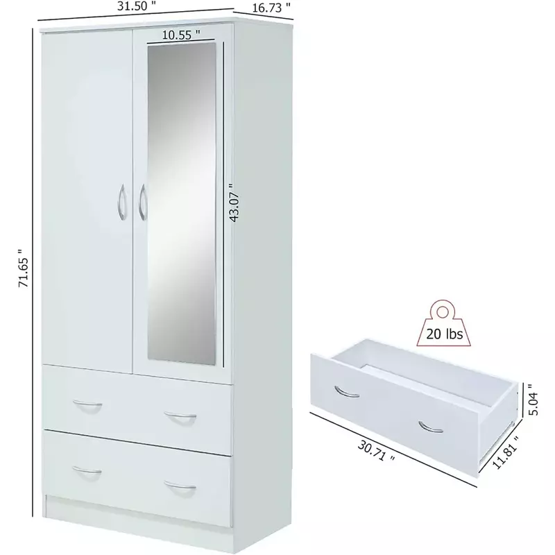 2 drzwi drewniana szafa szafa do sypialni z prętem odzieżowym wewnątrz szafki, 2 szuflady do przechowywania i lustro