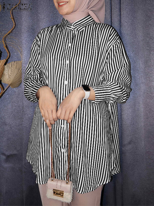 Vintage Women Lapel Neck Long Sleeve Striped Shirt Spring Muslim Blouse 2024 ZANZEA Fashion Abaya Hijab Tops Islamic Clothing