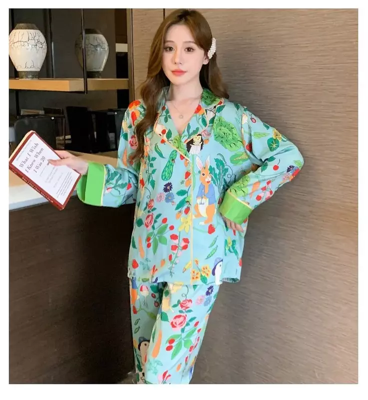 New Ice Silk Pajamas Loungewear Women High-end Sense Ins Style Lapel Spring and Summer Long Sleeve Fashion Comfortable Home Suit