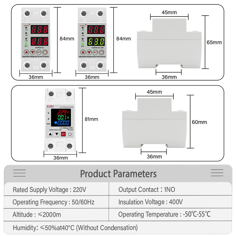 調整可能な電圧保護装置,DINレールリレー,電流保護制限,40A 63a,230v