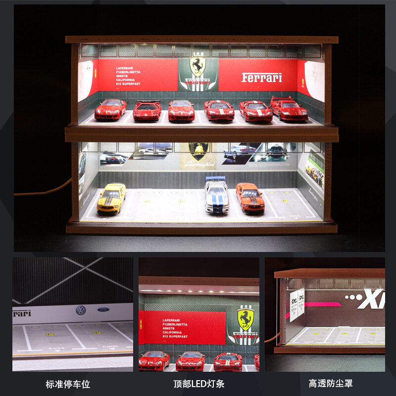 Diorama-modelo de garaje de coche a escala 1:64, montaje de iluminación LED, aparcamiento de coche, pantalla de fondo, escena, modelo, colección de juguetes, regalo