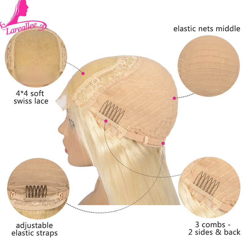 Perruque Lace Closure Wig Remy Brésilienne Naturelle, Cheveux Lisses, Blond 613, 4x4, avec Baby Hair, Transparent