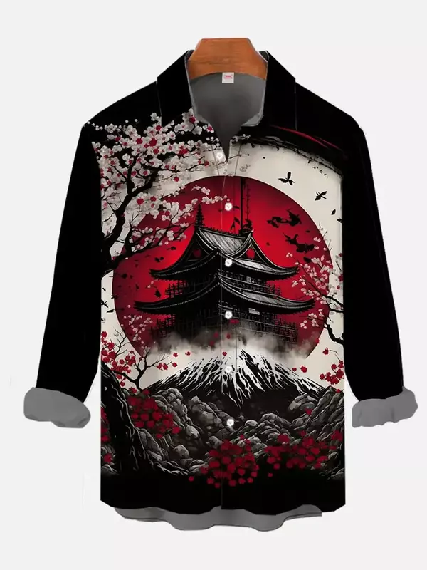 사쿠라 후지산 프린트 남성용 긴팔 셔츠, 일본 예술 스타일, 캐주얼 라펠 탑, 라지 사이즈 남성 셔츠 S-6XL, 2024 신상